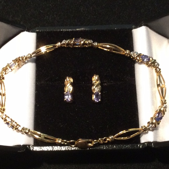 10 K GOLD TANZANITE BRACELET and EARRINGS SET - Picture 1 of 8